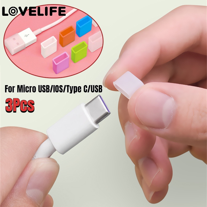 3 Pcs Cover Pelindung Kabel Data Micro USB / IOS / Tipe C / USB Bahan Silikon Tahan Debu