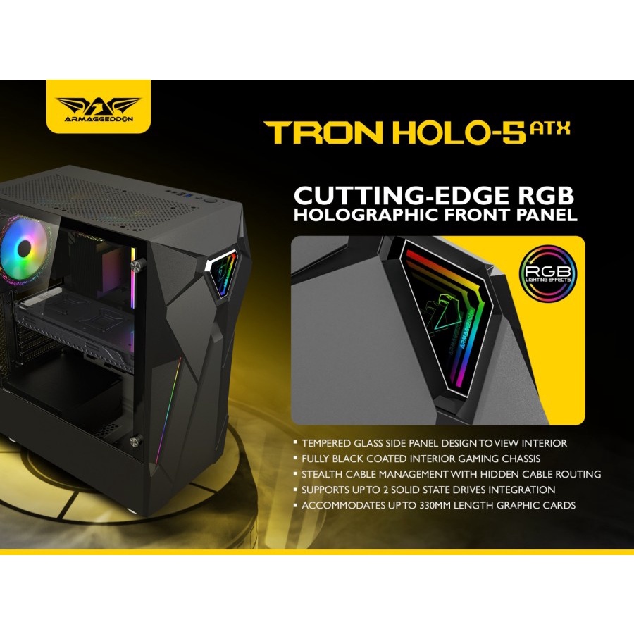 Casing PC Gaming Armaggeddon Tron Holo 5 RGB ATX Case Side Tampered Glass Kaca Samping