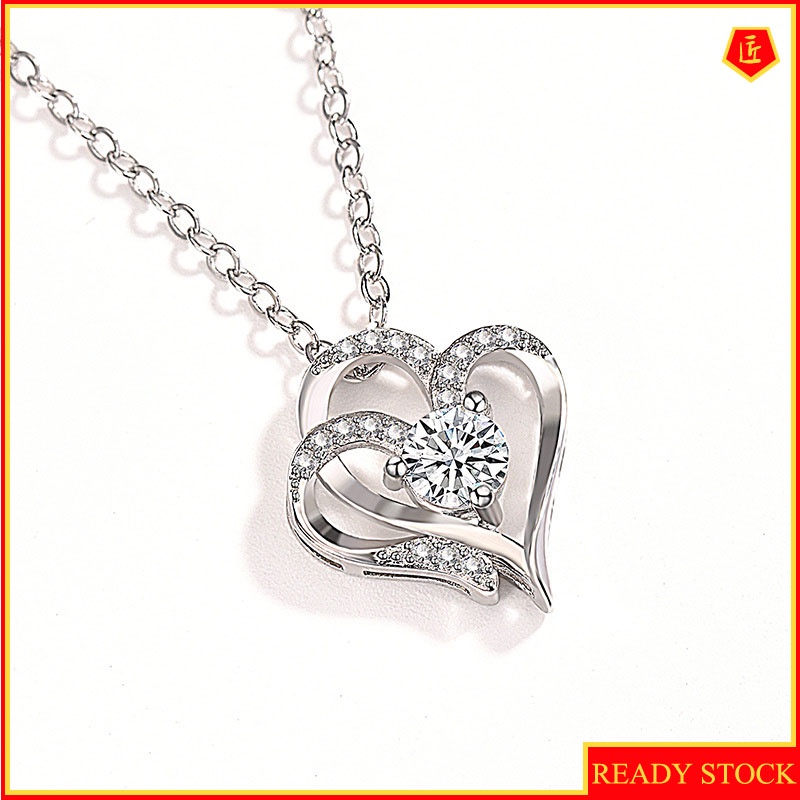 [Ready Stock]Platinum Heart-to-Heart Diamond Pendant Necklace Elegant Niche