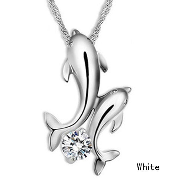 Cute 925 Silver Double Dolphin Rhinestone Short Chain Pendant Necklace Jewelry