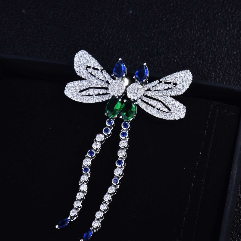 Colorful Moissanite Dragonfly Shape Long Sterling Silver Needle Stud Earrings