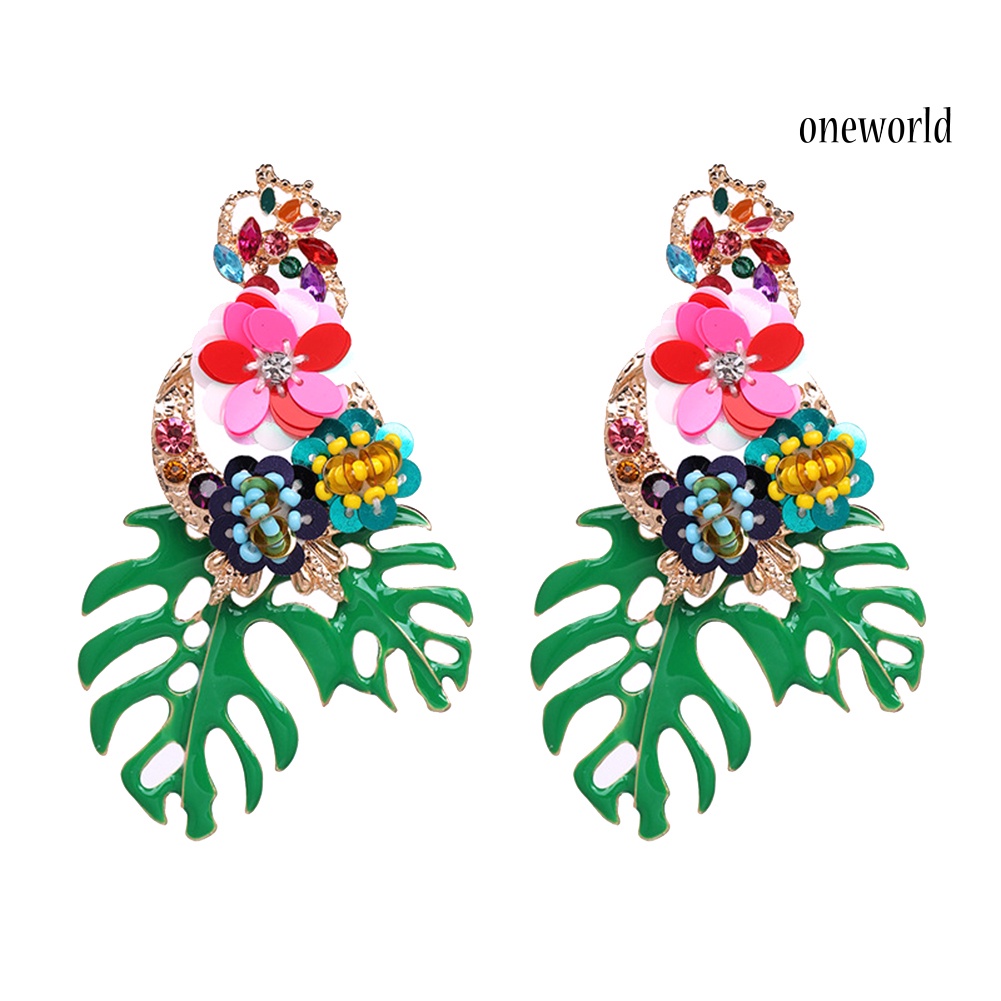 OW@ Vintage Women Leaf Flower Colorful Sequins Beads Rhinestone Statement Earrings