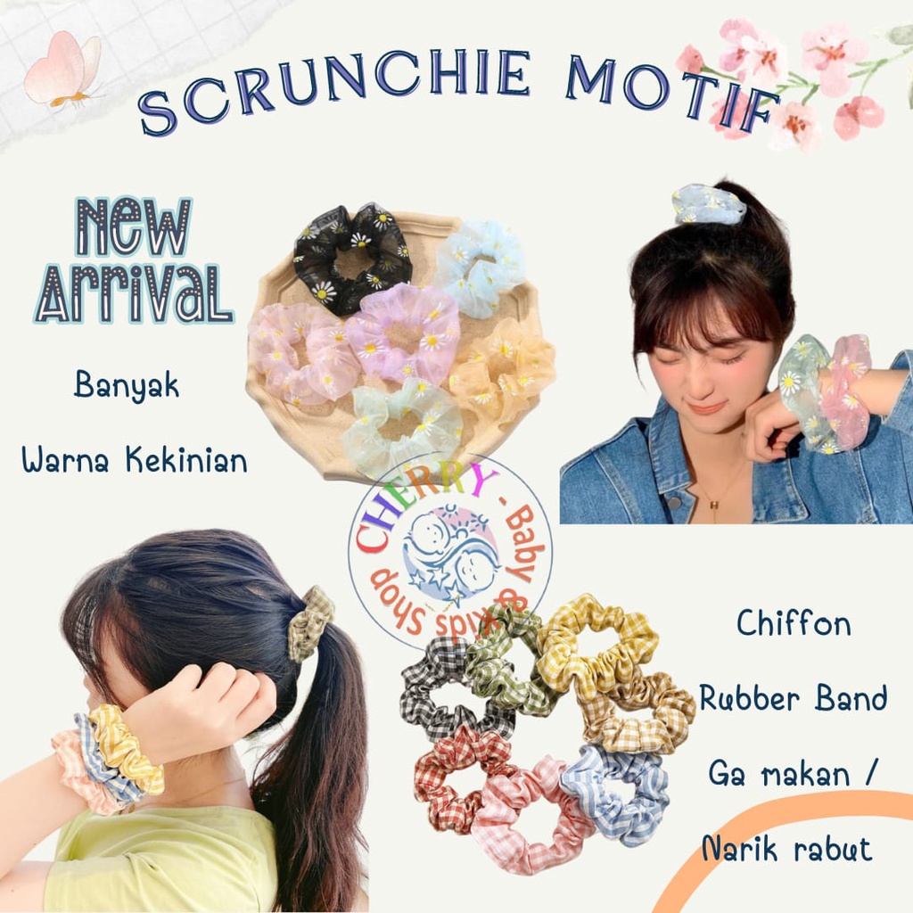 Scrunchie Ikat Rambut Gaya Korea / Scrunchie Kunciran Rambut Motif Petak / Scrunchie Transparan Sunflower / Ikat Rambut Korea / Kunciran Rambut Bunga CBKS LC