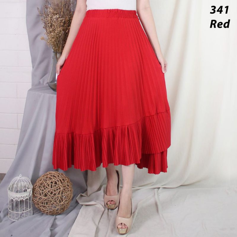 Rok Plisket Asimetris Premium Warna Merah
