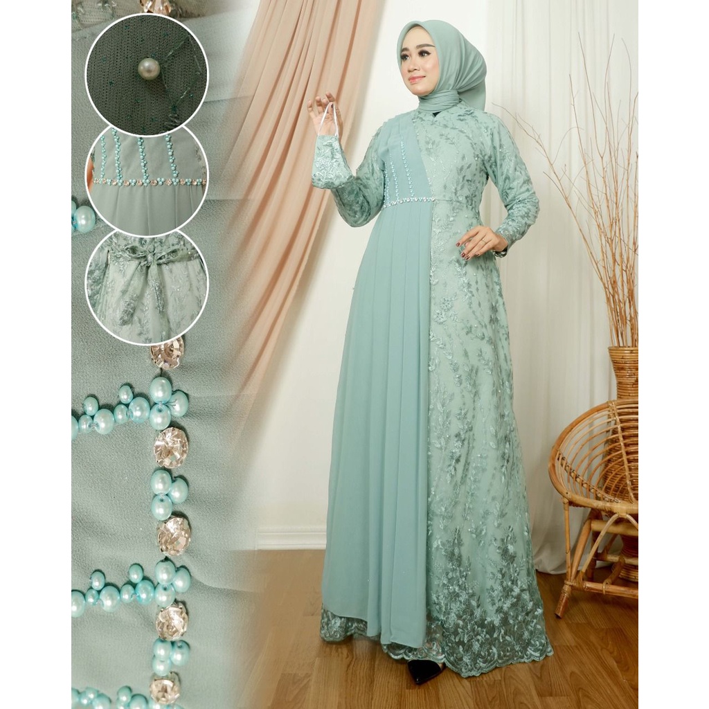 Permata Olshop /Gamis Devana / Gamis Pesta Mewah Modern / Kebaya Gamis Tulle Mix Ceruty Baby Doll / Dress Kondangan / Kebaya Bridesmaid / Gamis Pesta