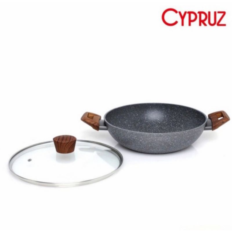 cypruz wok kuali wajan penggorengan+lid marble induksi wajan penggorengan anti lengket + tutup kaca