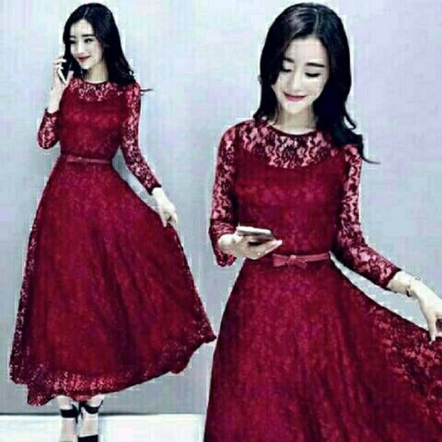 Dress Long Shaby Merah Marun Gaun Wanita Red Maroon Imlek Natal Pesta Kasual Panjang Brukat Furing Shopee Indonesia