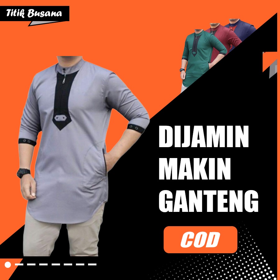 Koko Pria Lengan Panjang Quart Zipper | Baju Muslim Cowok Slim Fit Terbaru | Maroon Navy Grey Tosca