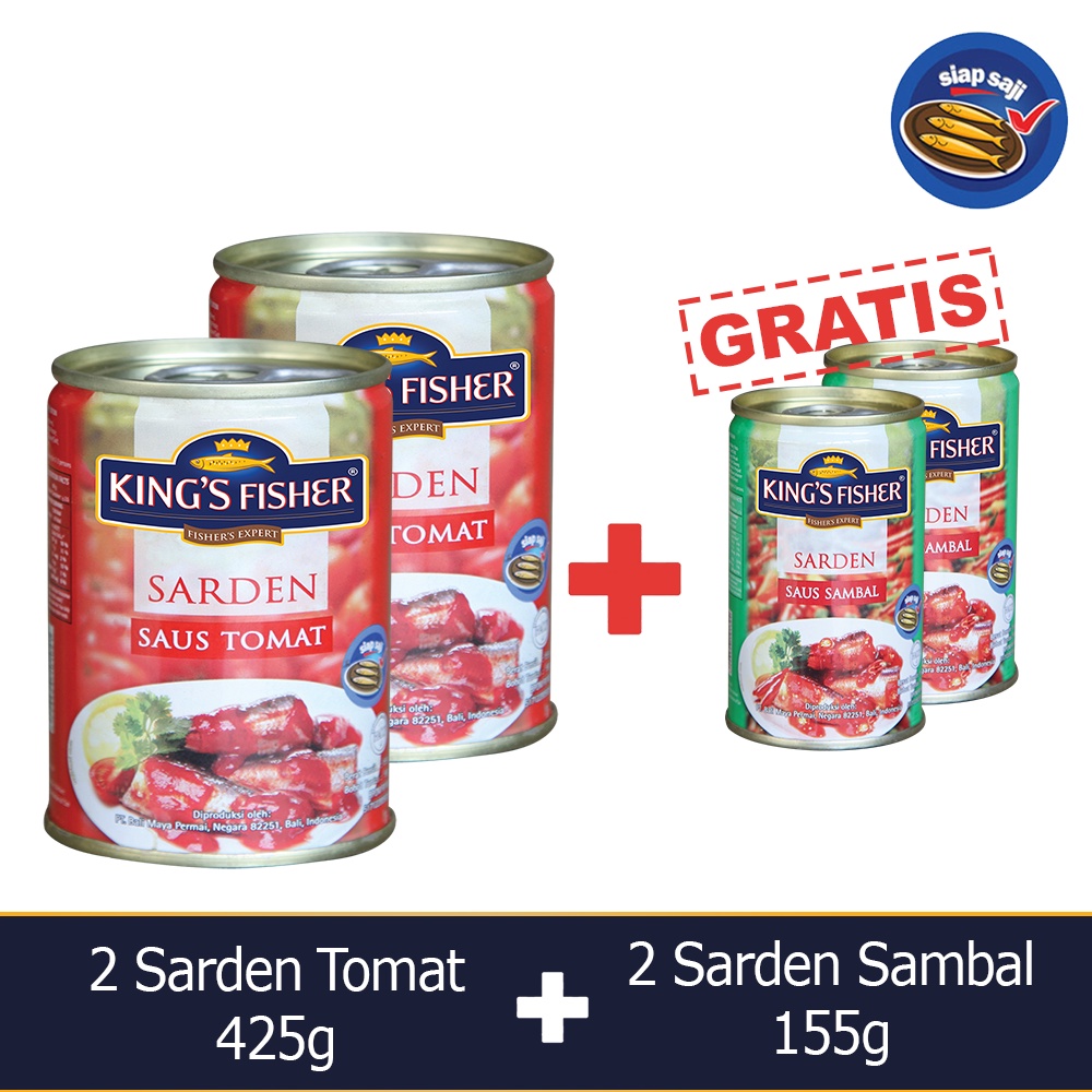 

King's Fisher Paket A 4 pcs Sarden saus sambal Tomat 425g 155g Makanan Kaleng