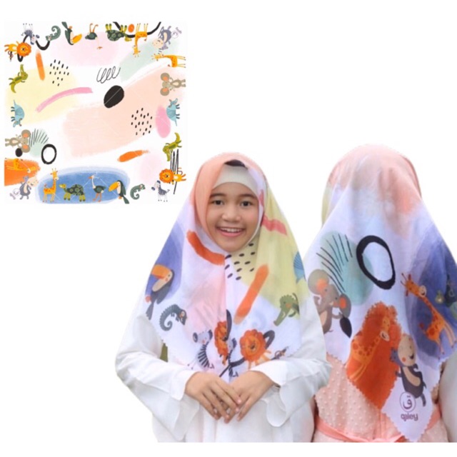 VOAL PRINTING ANAK MOTIF ANIMALS / HIJAB ANAK KARAKTER HEWAN LUCU / JILBAB ANAK LUCU