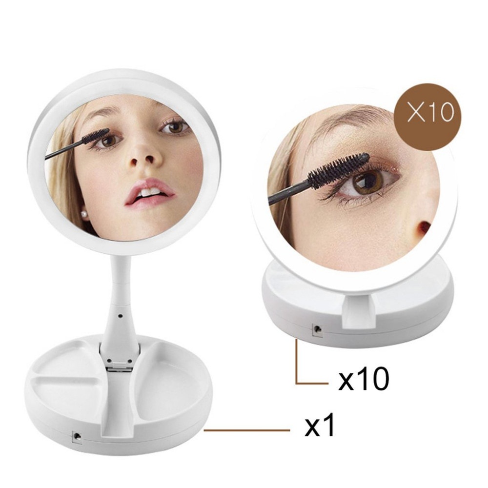 Kaca Cermin Make Up Double Side Magnifier My Fold Away Mirror Selfie LED Ring Light - FH-803 - White