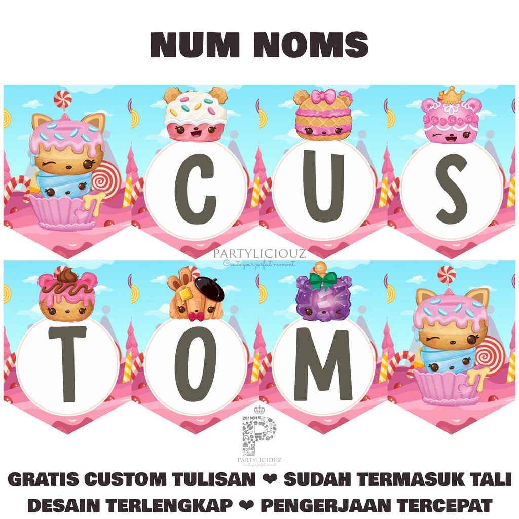 NUM NOMS - BENDERA PESTA CUSTOM TULISAN DEKORASI PESTA ULTAH ANAK AQIQAH