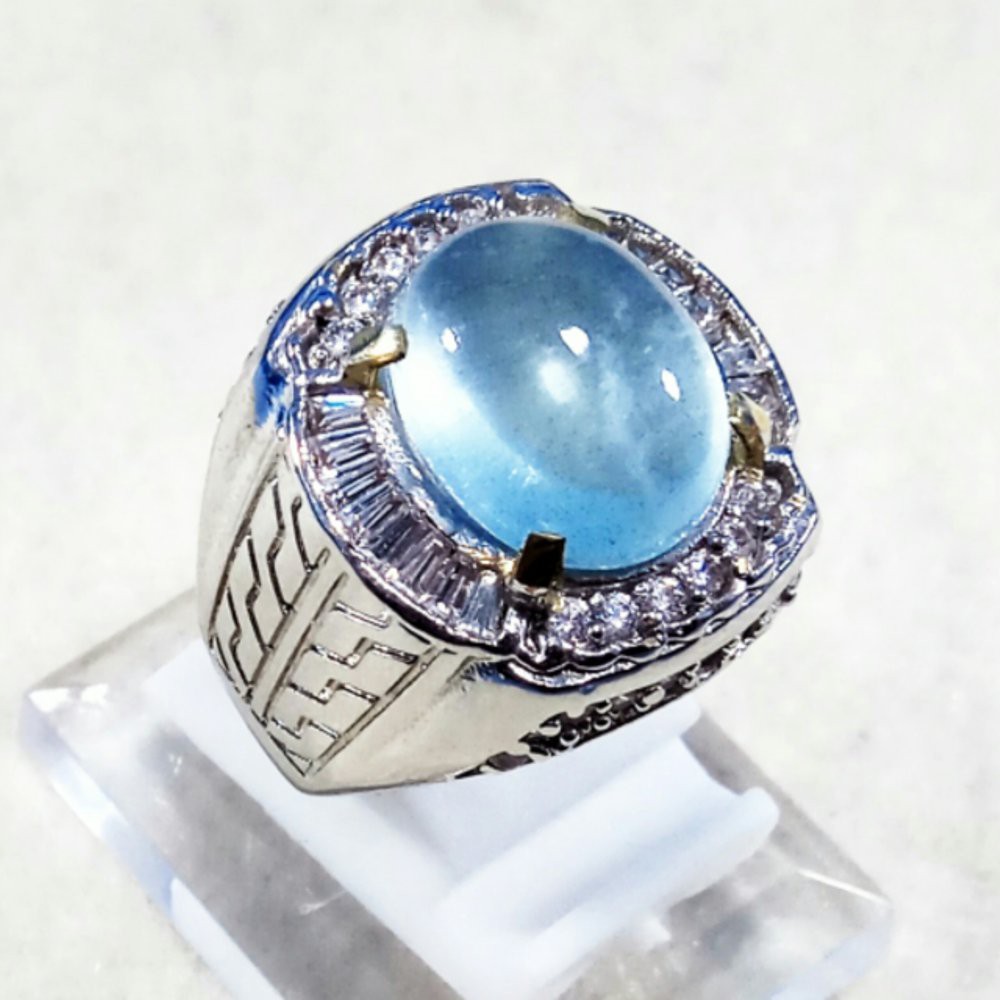 CINCIN BATU AKIK PERMATA NATURAL BLUE AQUAMARINE BERLY RING ALPAKA SUPER GLAMOUR