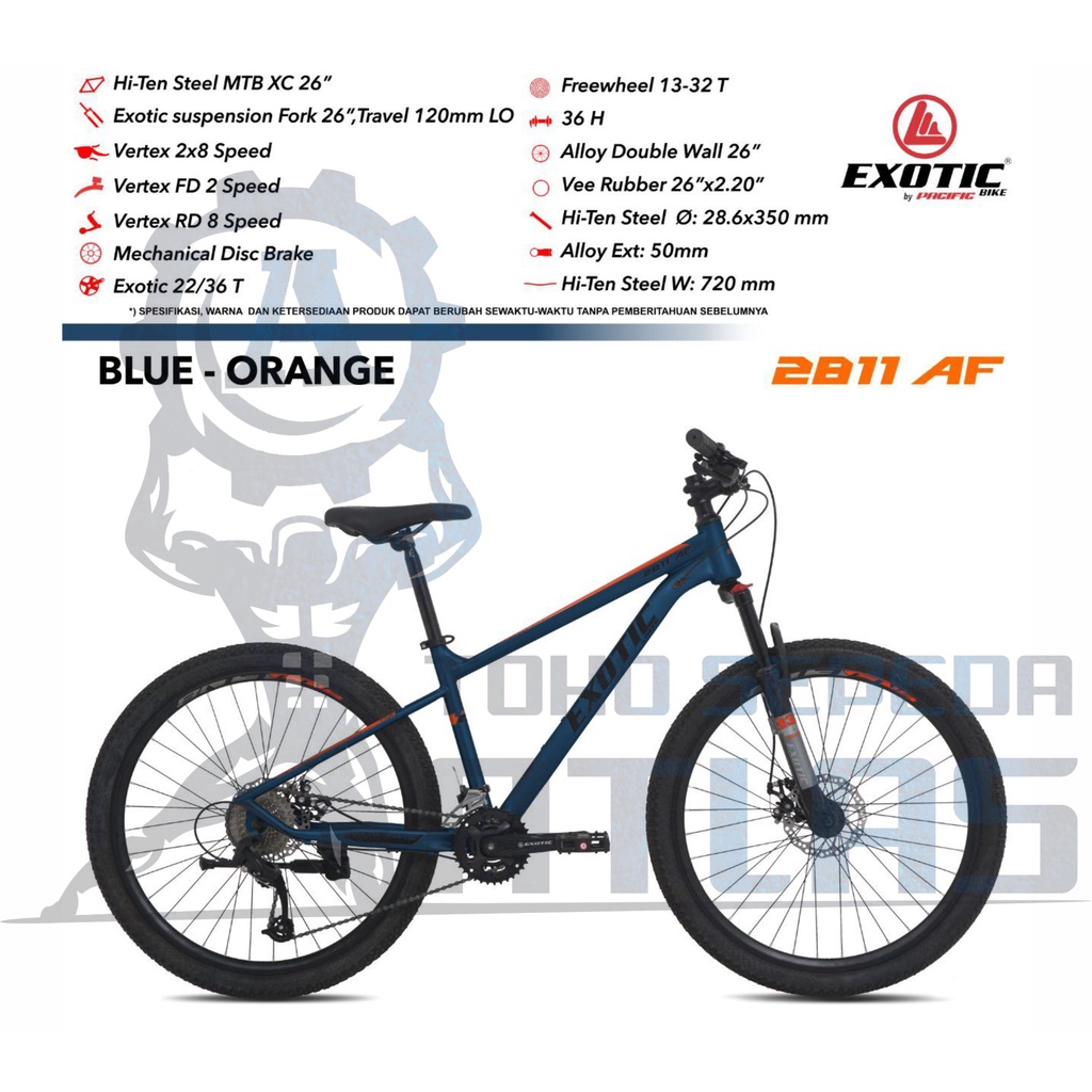 Sepeda Gunung 26 Inch MTB EXOTIC 2811 AF Ukuran 2 x 8 Speed Rem Cakram