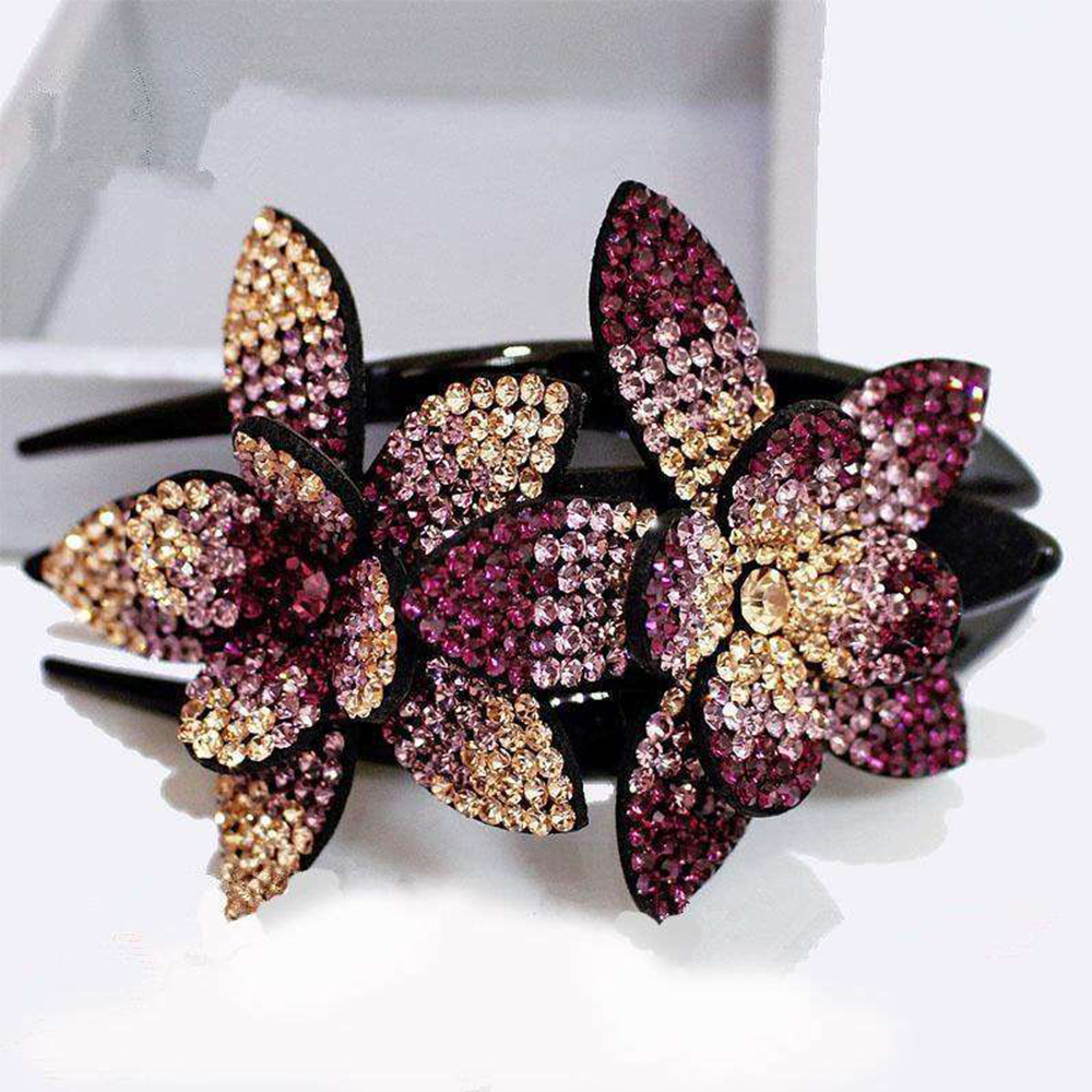 Needway  Crystal Large Size Headwear Rhinestone Double Flower Crystal Hair Clip