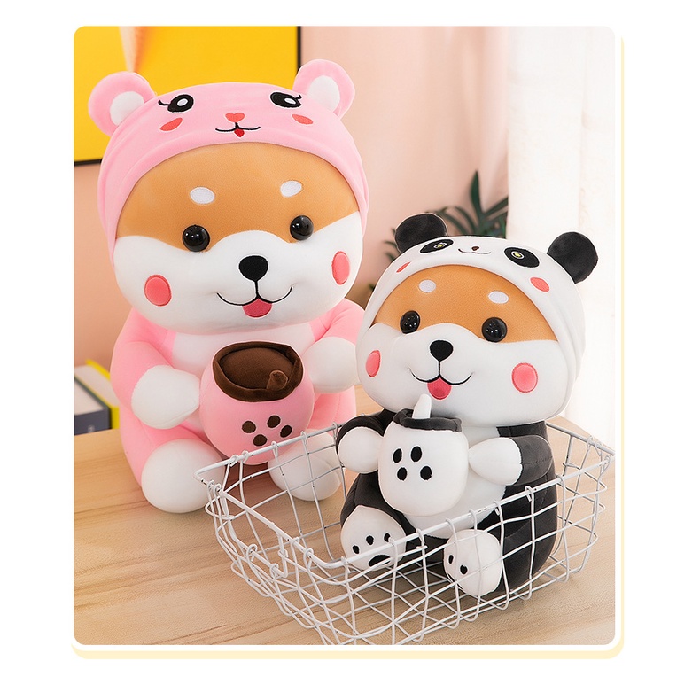 Boneka shiba pegang bubble tea costume lucu bahan plush