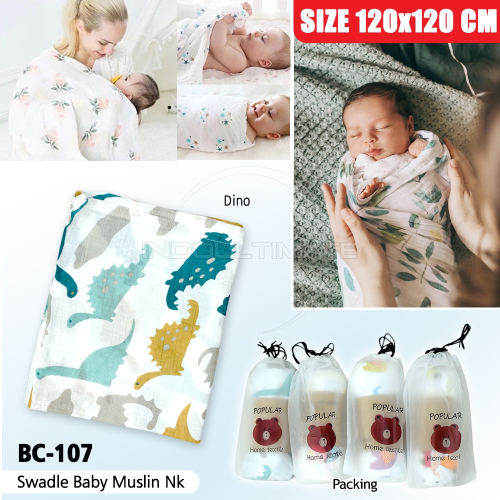 (120 x 120 CM) Selimut Kain Bedong Bayi Baru Lahir Muslin + FREE POUCH 100% BC-107 Katun Swaddle Baby New Born