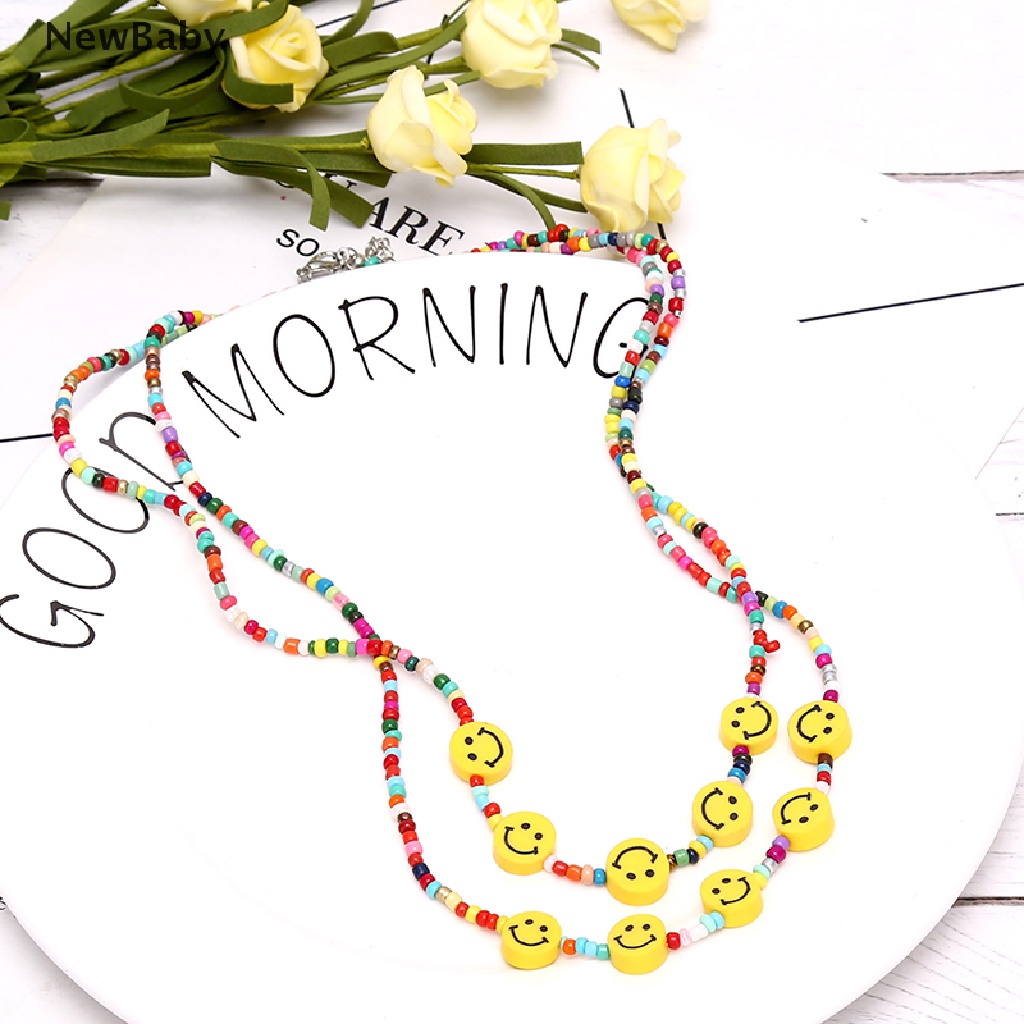 Kalung Choker Rantai Manik-Manik Motif Smiley Face Warna-Warni Gaya Boho Untuk Wanita