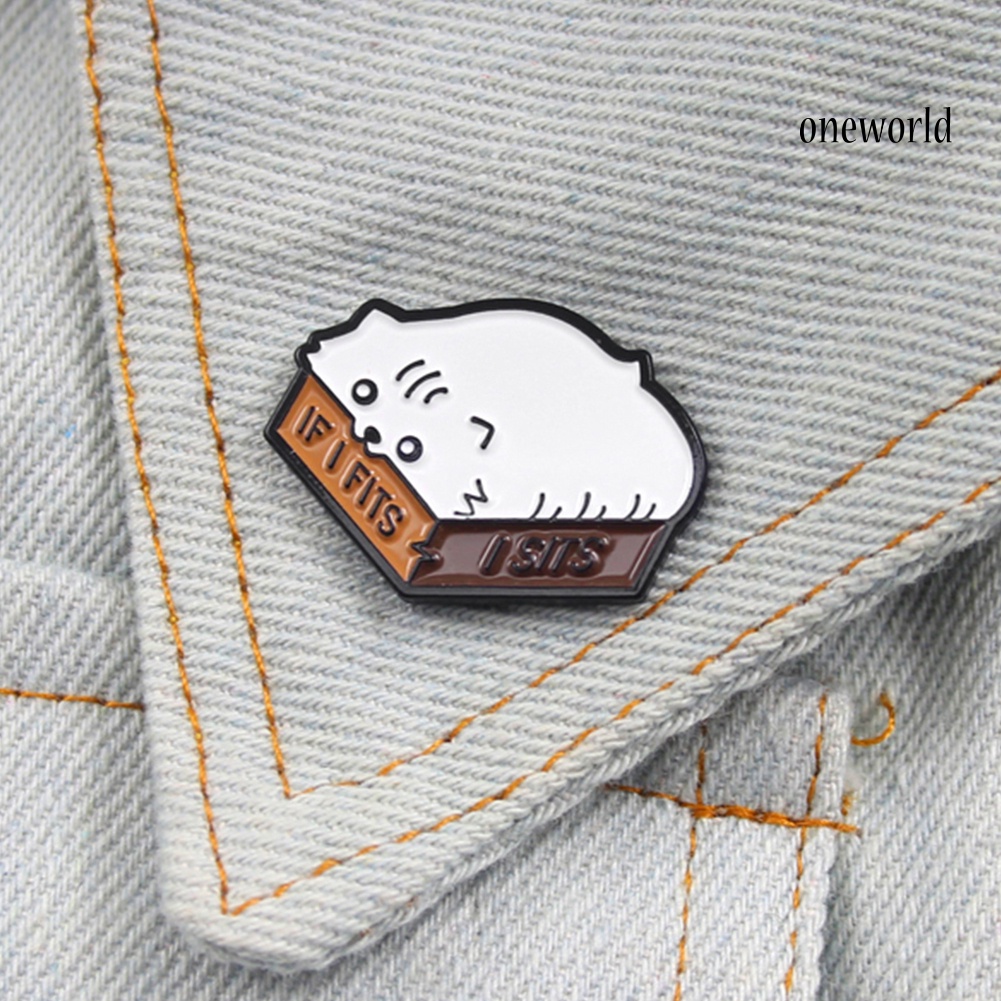 OW@ Cartoon Cat Enamel English Letter If I Fits I Sits Brooch Pin Collar Badge Decor