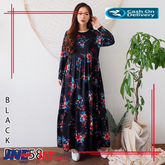long dress bunga dres fashion wanita murah korea motif bunga BM405