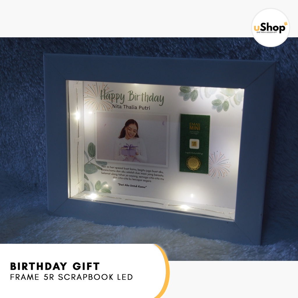 Birthday Gift Frame 5R Scrapbook LED Kado Ulang Tahun Kado Anniversary Logam Mulia Emas Mini