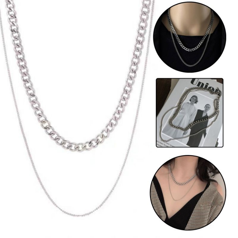 Kalung Double Layer Rantai Silver Polos Plain Silver Chain Multilayer Necklace Gaya Punk Korea