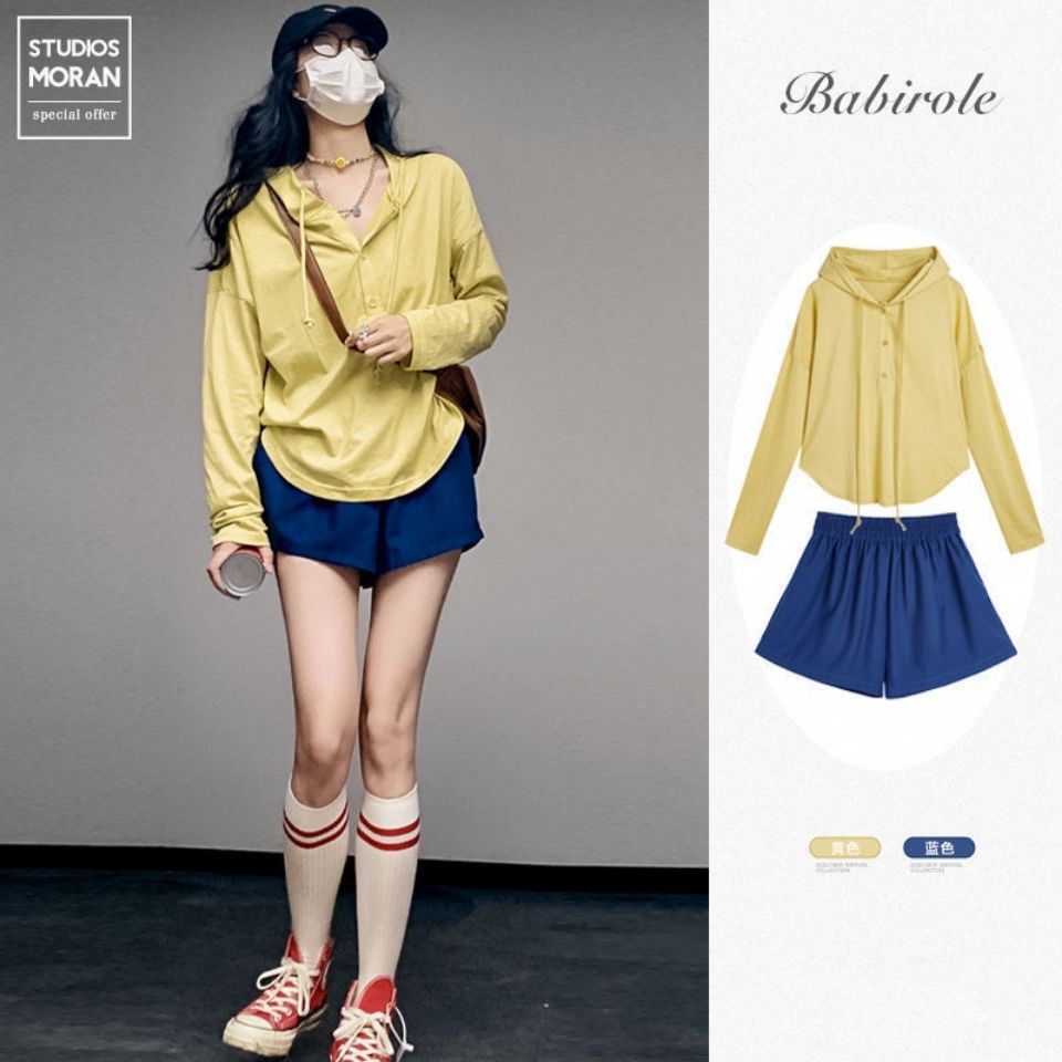 #Sisjuly# 2022Olahraga Kasual Gaya Dua Potong Baju Wanita Hoodie Lengan PanjangTKemeja Tipis Atas+Longgar Hot