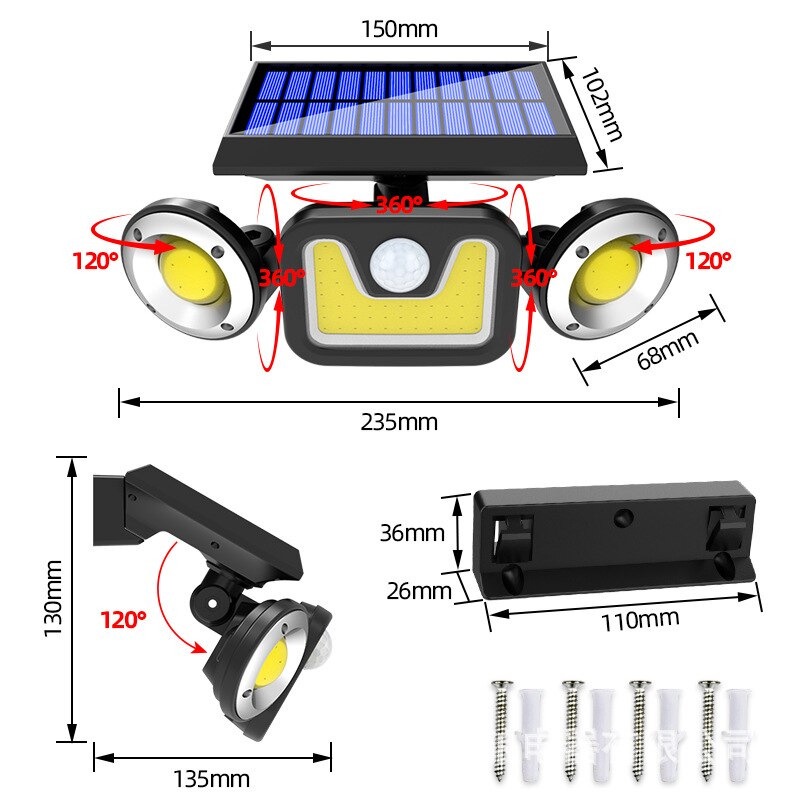 Lampu Solar Panel Sensor Gerak PIR Outdoor Waterproof 83 COB LED Cool White - FL-1729 - 7RLL3SBK Black