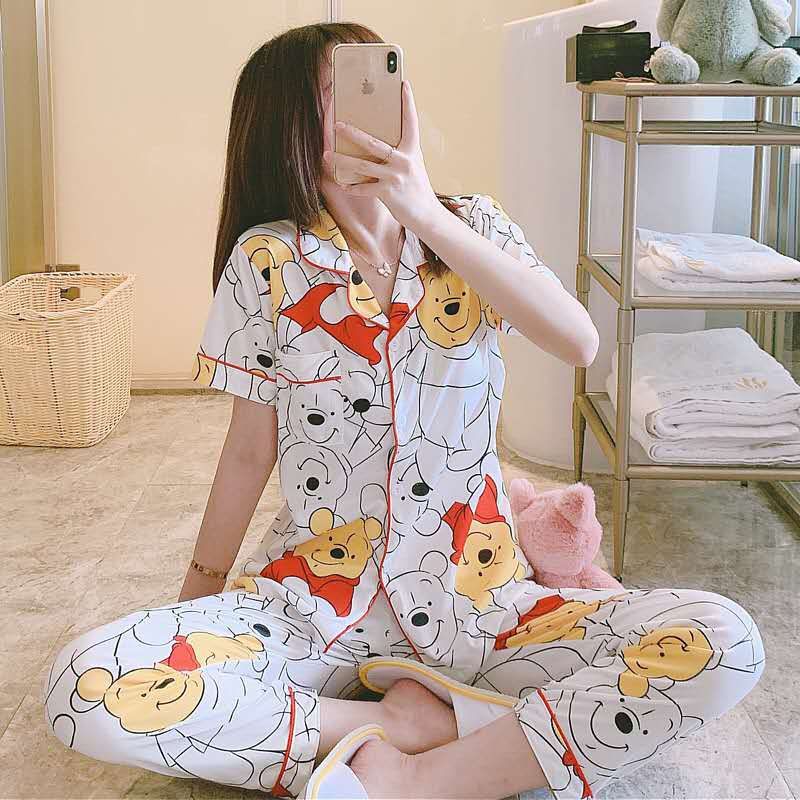 BAJU TIDUR PIYAMA SET KEMEJA CP LENGAN PENDEK CELANA PANJANG IMPORT PREMIUM BANYAK MOTIF PART 2-Pooh Putih