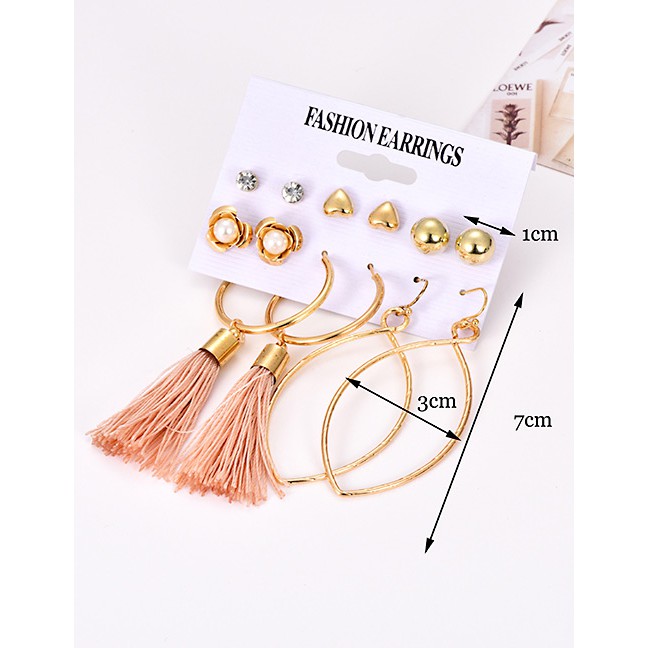 LRC Anting TusukFashion Gold Alloy Love Rose Tassel Stud Earring Set F50691