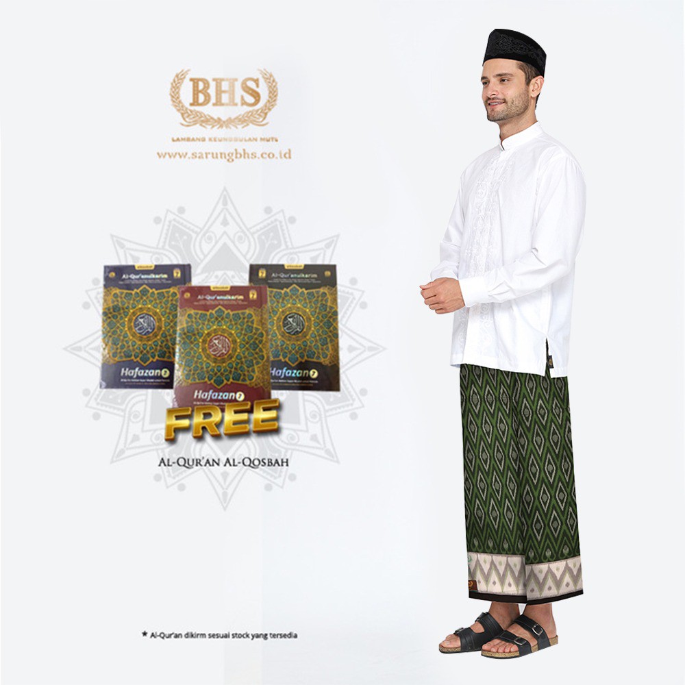 Sarung BHS Royal Gold Motif Ikat Border Dua Warna Hijau Putih