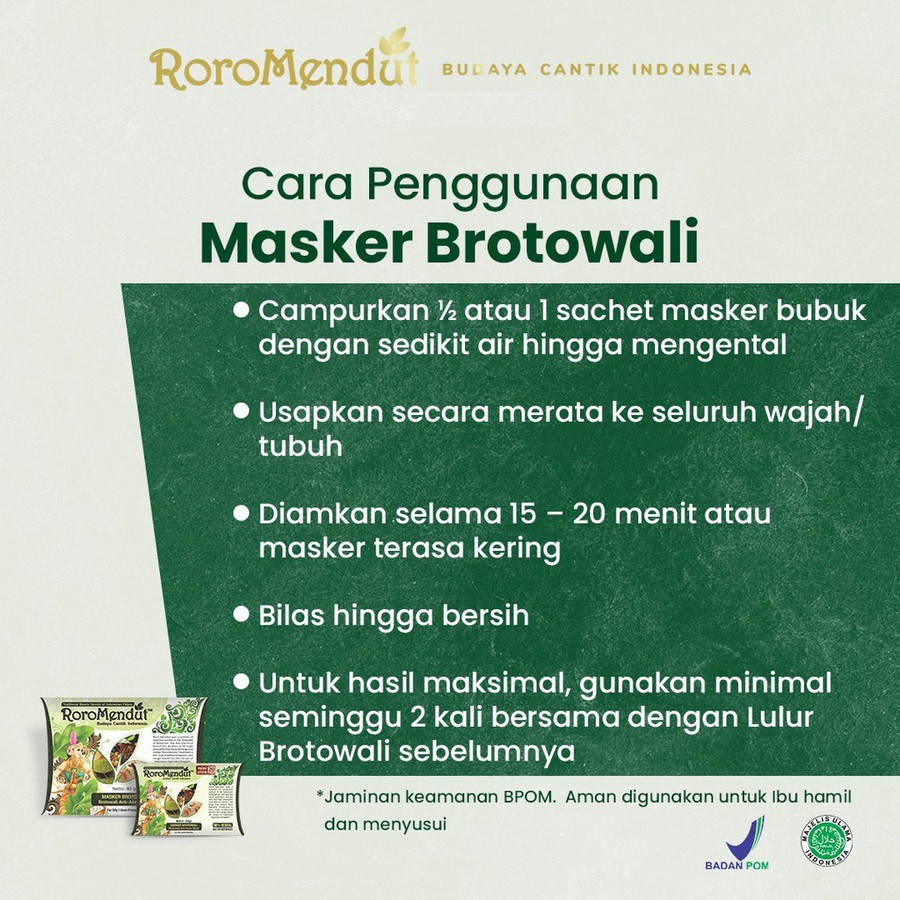 Roro Mendut Masker Brotowali Anti Acne / Jerawat / Komedo Organik / Herbal 20gr &amp; 40gr