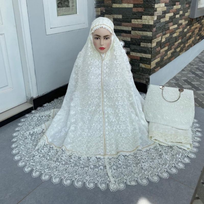 MUKENA PRADA SUTRA PARIS BORDIR RENDA MEWAH SWAROVSKI CANTIK PREMIUM BAGUS JUMBO ADEM BESAR DEWASA H