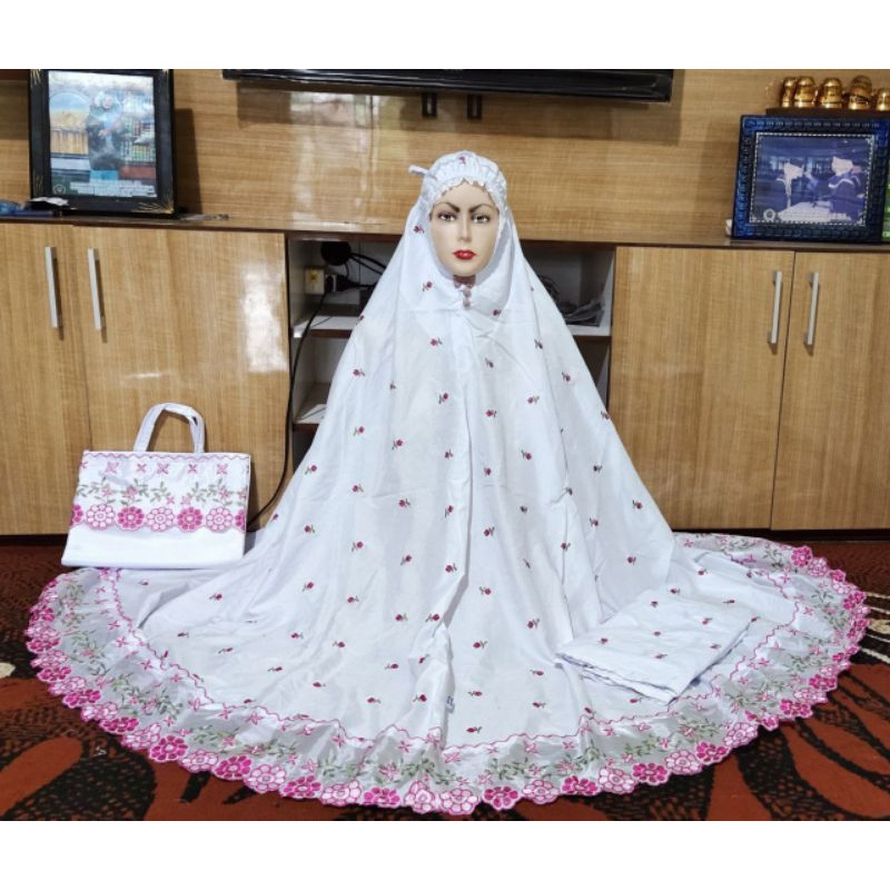 Mukena setelan dewasa,Full bordir bunga tabur timbul Free tas.