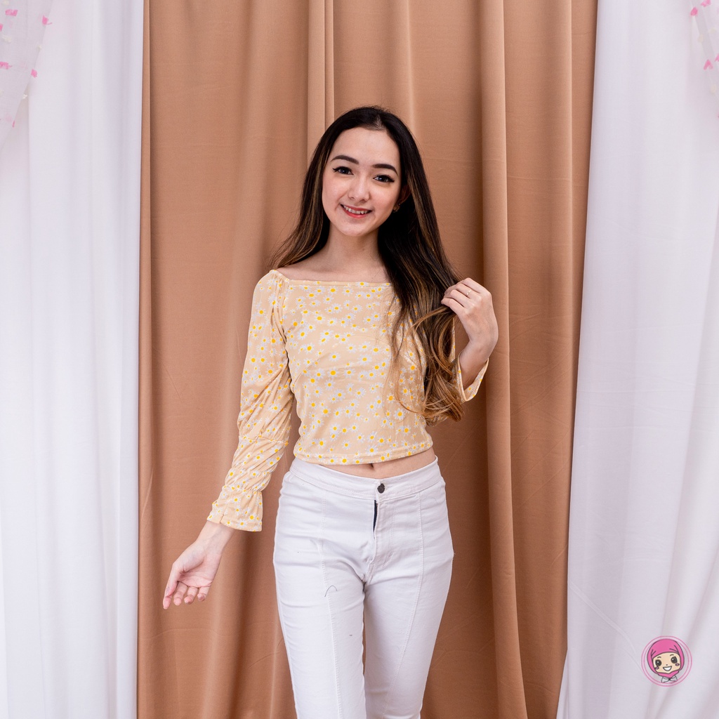 PAULA DAISY LONGSLEVEE - Blus Sabrina Wanita Lengan Puff Motif Bunga Daisy Gaya Korea Blouse Wanita-CREAM