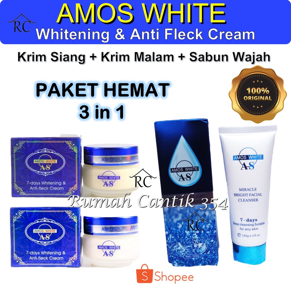 Paket Hemat 3 in 1 Amos White Day Night Cream &amp; Miracle Bright Facial Cleanser Rumah Cantik 354 Krim Siang Malam Sabun Pembersih Wajah Amos White Herbal Cream