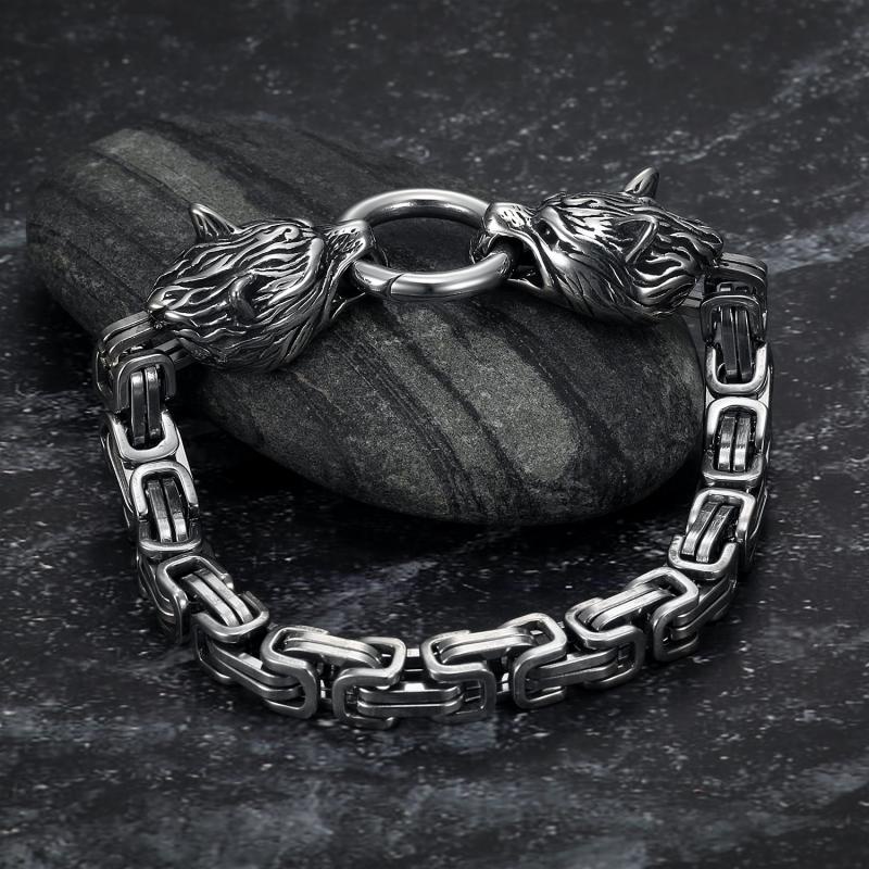 Gelang Rantai Desain Kepala Serigala Bahan Stainless Steel Gaya Retro Punk Rock Untuk Pria