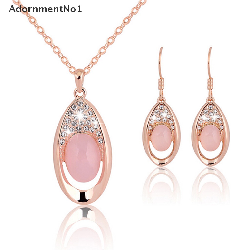 (AdornmentNo1) Set Kalung + Anting Tusuk Rose Gold Hias Batu Opal + Kristal Untuk Wanita