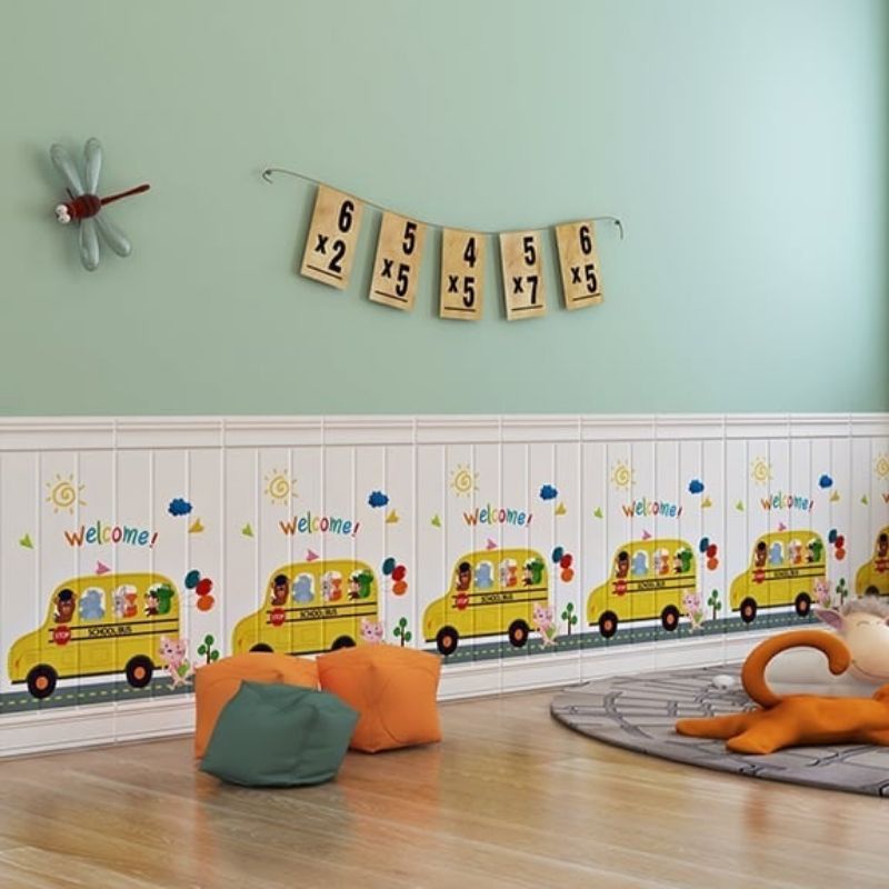 Wallpaper foam premium permukaan timbul motif school bus kuning