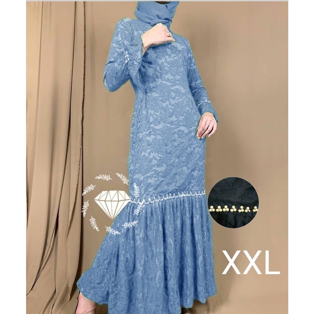 PCS MAXY NURHALIZA DUYUNG MUTIARA BRUKAT FASHION PAKAIAN WANITA DRESS GAMIS MAXI 5 UKURAN M L XL XXL 3XL MS ADA VIDEO REVIEW ASLI PRODUK-Biru XXL