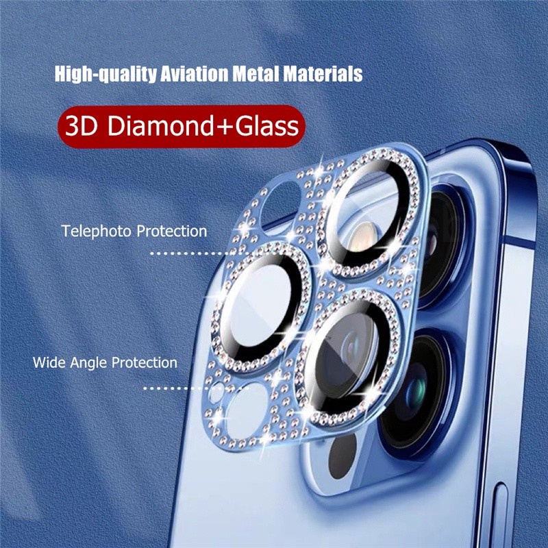 3D Luxury Bling Diamond Metal Tempered Glass Camera Lens For Iphone 13 12 11 Pro Max 13 12 Mini 13 12 11 Pro