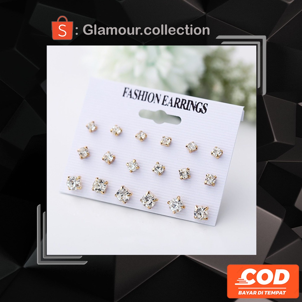 [COD] Anting Tusuk Telinga Permata Zicron Model Berlian/Permata Gold isi 9 Pasang 3 Ukuran