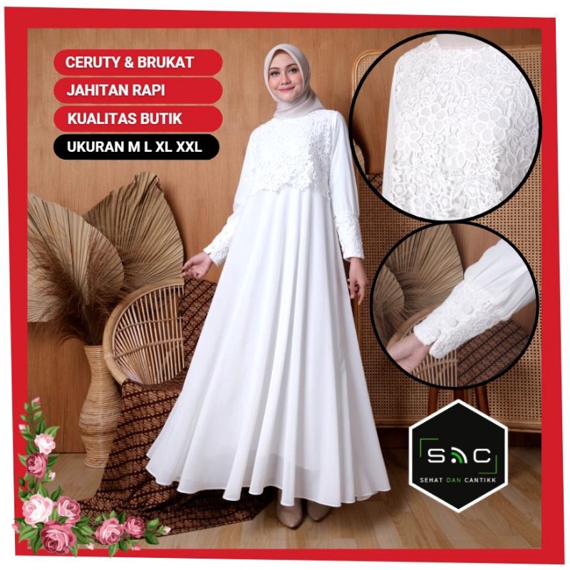 Gamis Putih Brukat Komb Ceruti Babydoll Mewah Terbaru Dress Muslimah Gaun Akad Nikah Umroh Haji GBS 