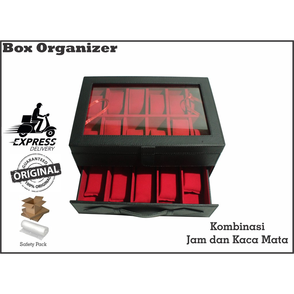 Watch Box Mix Glasses Organizer | Box Jam Tangan Kombinasi Tempat Kacamata - Hitam Merah