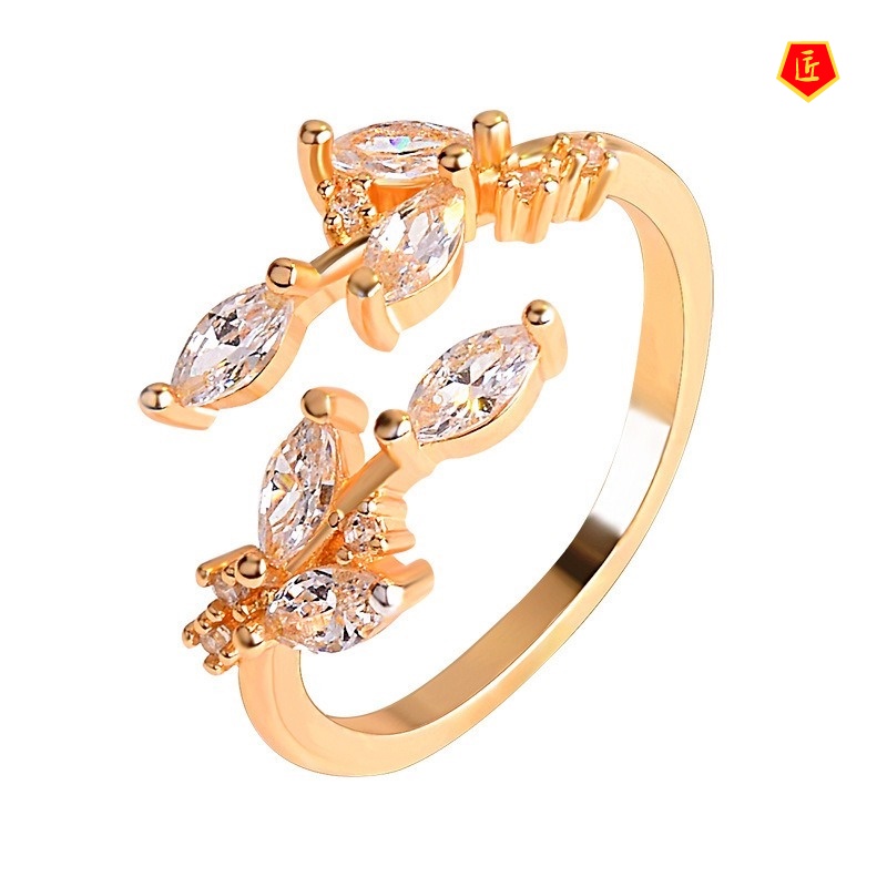 [Ready Stock]18K Gold Diamond Leaf Ring Temperamental Simple Personalized