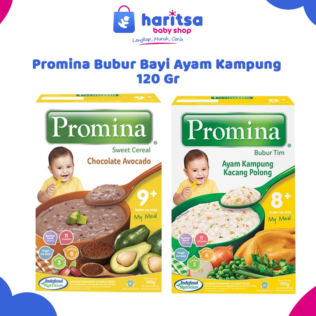 Promina Bubur Halal Mpasi Bayi Rasa AyamKampung&amp;Jamur 120gr 6+Bln AyamKampung&amp;Brokoli 120gr 6+Bln AyamKampung&amp;Polong 100gr 8+Bln AyamKampung&amp;Tomat 100gr 8+Bln CrealChocolate 100gr Smooth Kacang hijau Milky Beras Merah