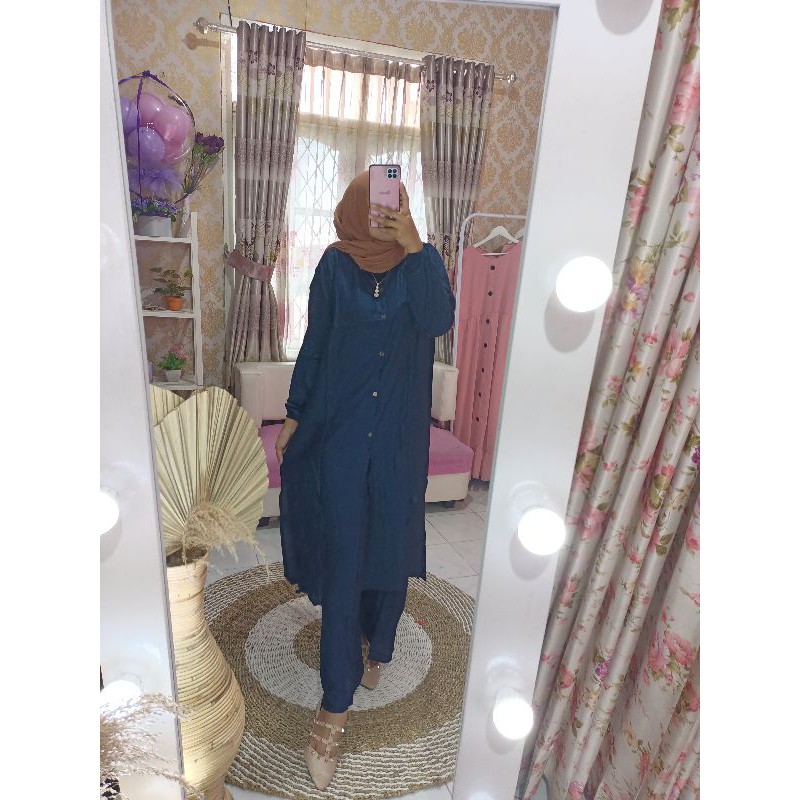 set cel polos murah long tunik