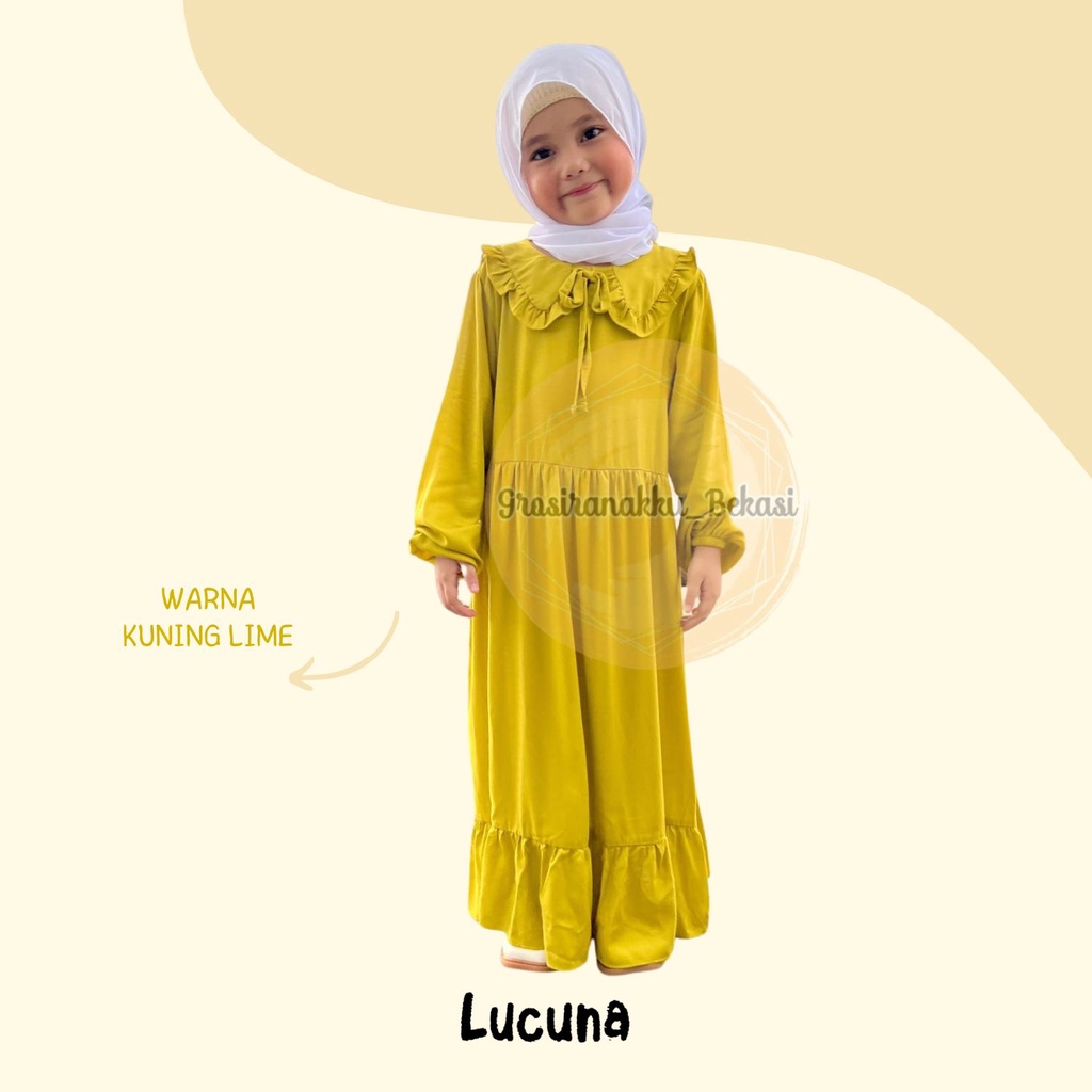 Gamis Rayon Anak Hanum Lucuna Warna Lime Size 2-10 Thn