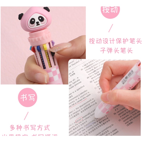 Bolpoin Warna PANDA 10 in 1 / Pulpen 10 Warna / Pena Warna 10in1 / Ballpoint Gel Pen Colorful / Pulpen Karakter Panda 10 Warna / Pulpen Gel 0,5 mm