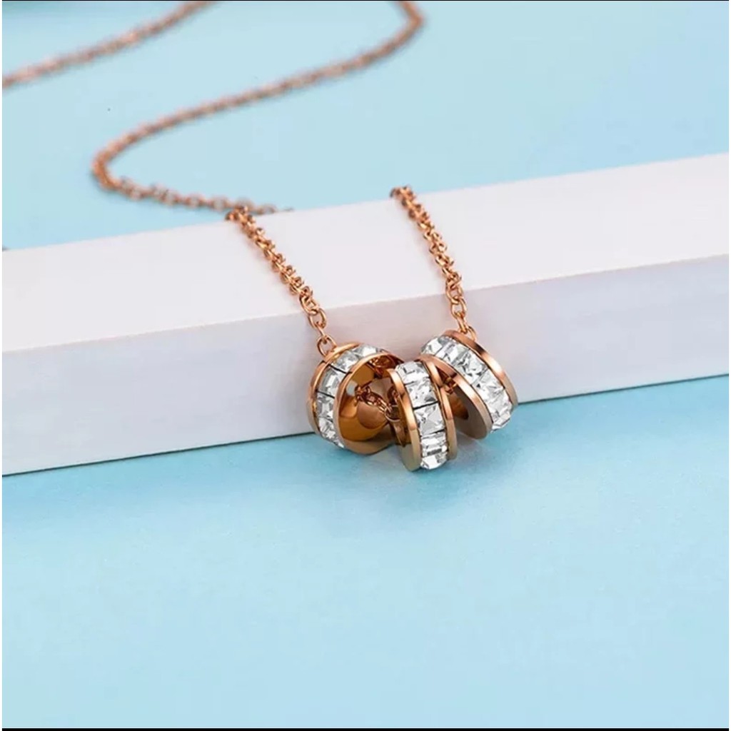 Kalung Rantai Titanium 3 Ring Kristal Putih Tersedia Warna Rosegold dan Gold